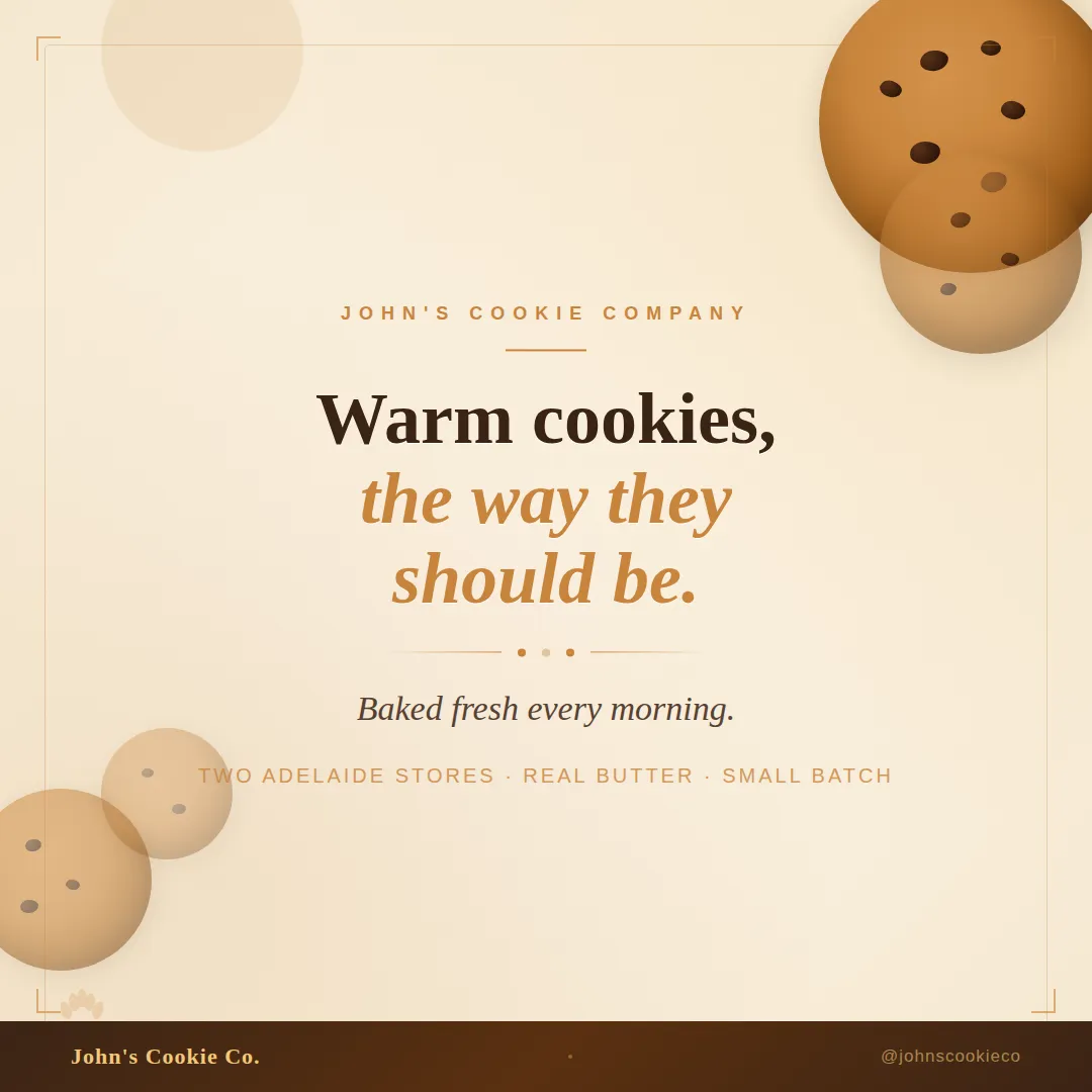 Sample Ember Stories post for John's Cookie Company: a baked-daily freshness post in warm bakery branding