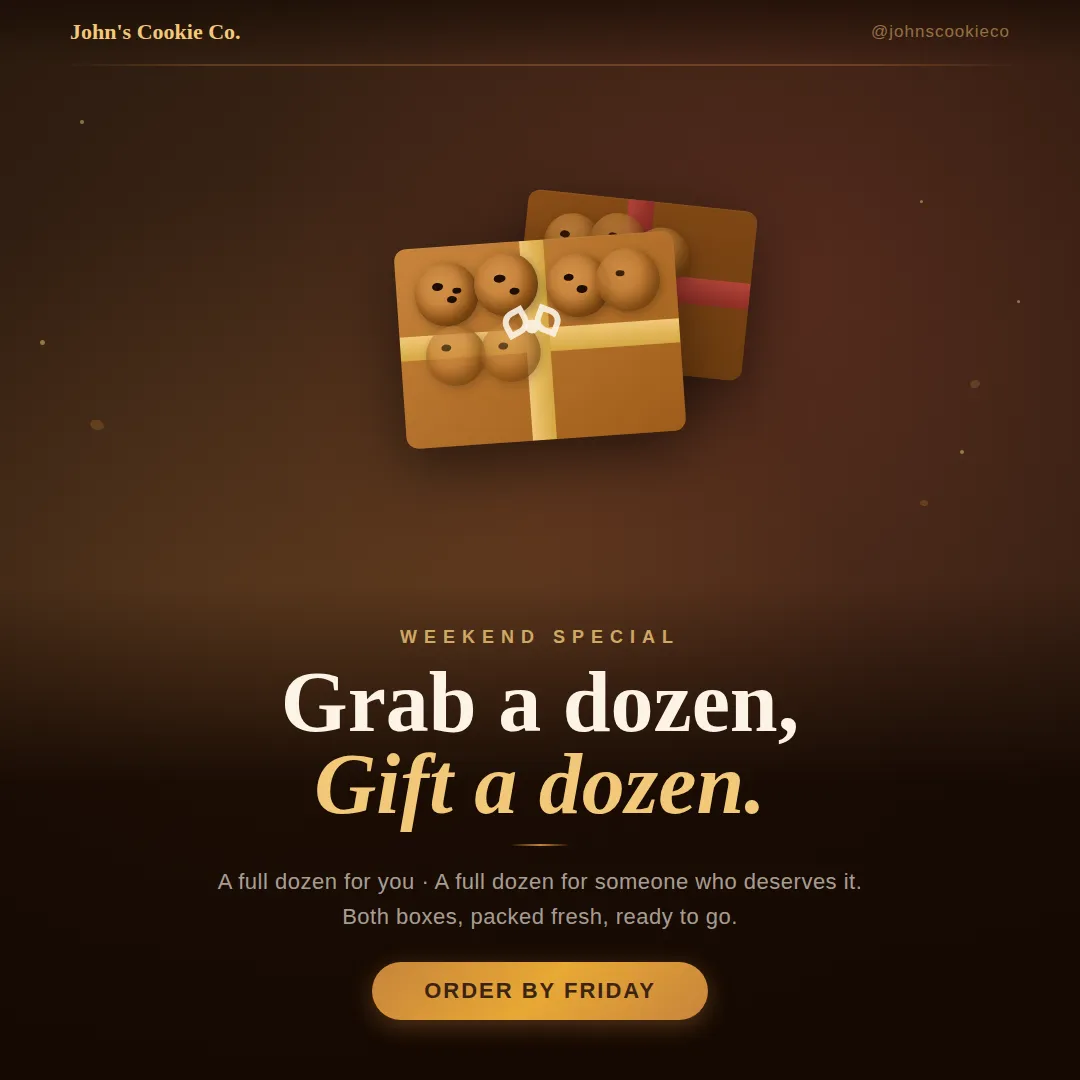 Sample Ember Stories post for John's Cookie Company: a weekend deal promotion card