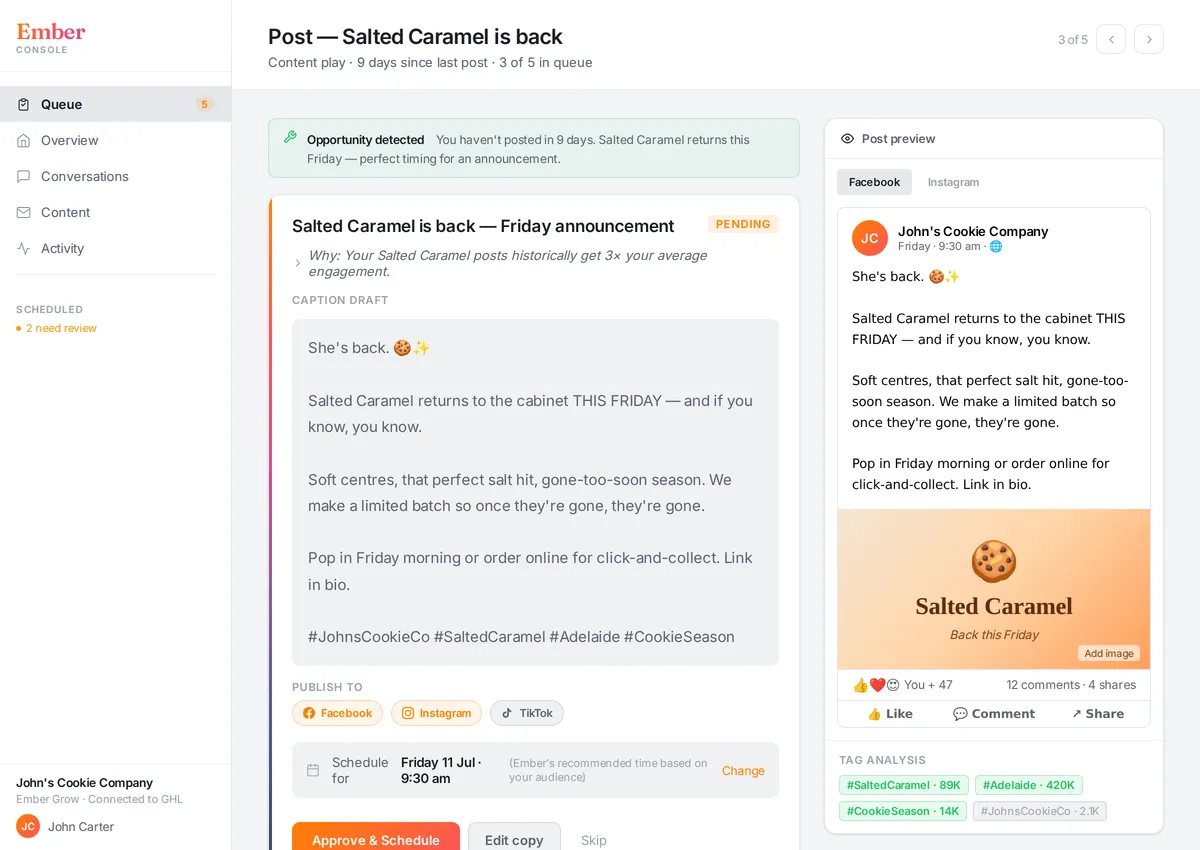 Ember Console showing a drafted social post for a bakery — Salted Caramel is back — with channel picker, schedule time, and live post preview