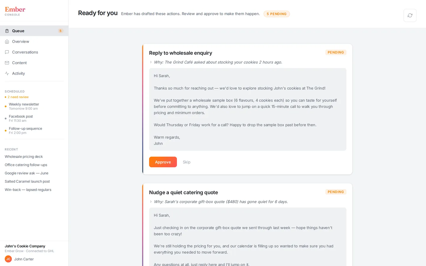 Ember Console approval queue showing five pending draft content pieces for a demo bakery business, with orange Approve buttons