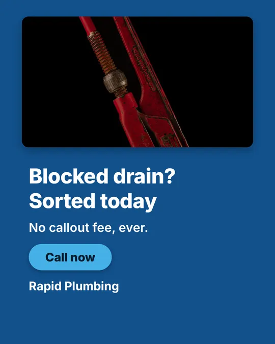 Ad-photo creative: a small cropped tool photo over a bold brand-blue card with a big headline and CTA button, for a plumbing business
