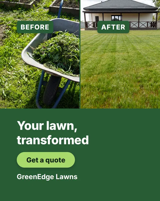 Comparison card: a split before-and-after photo panel with a brand-green card and CTA below, for a lawn care business
