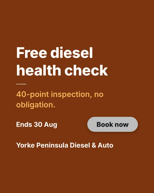 Offer card: a solid burnt-orange card with a headline, deadline and CTA button, no photo, for a diesel mechanic business