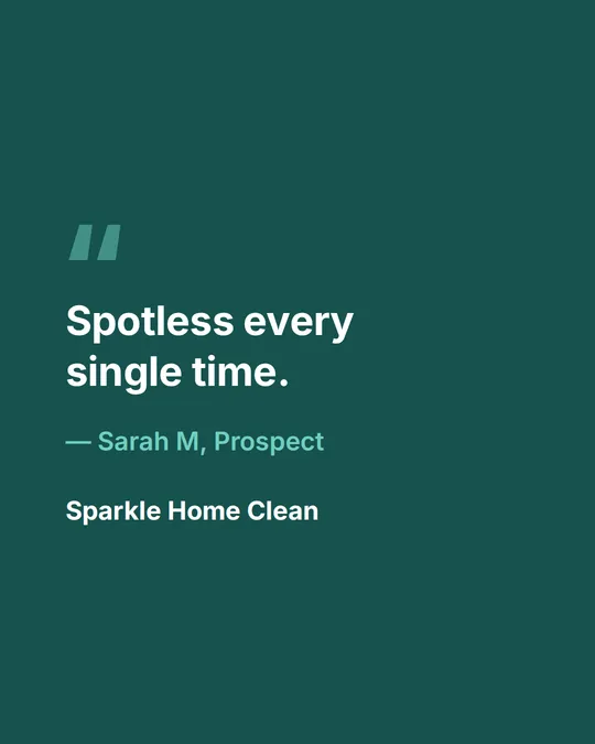 Quote card: a deep-teal social post with an oversized quote mark and a short brand statement for a house cleaning business